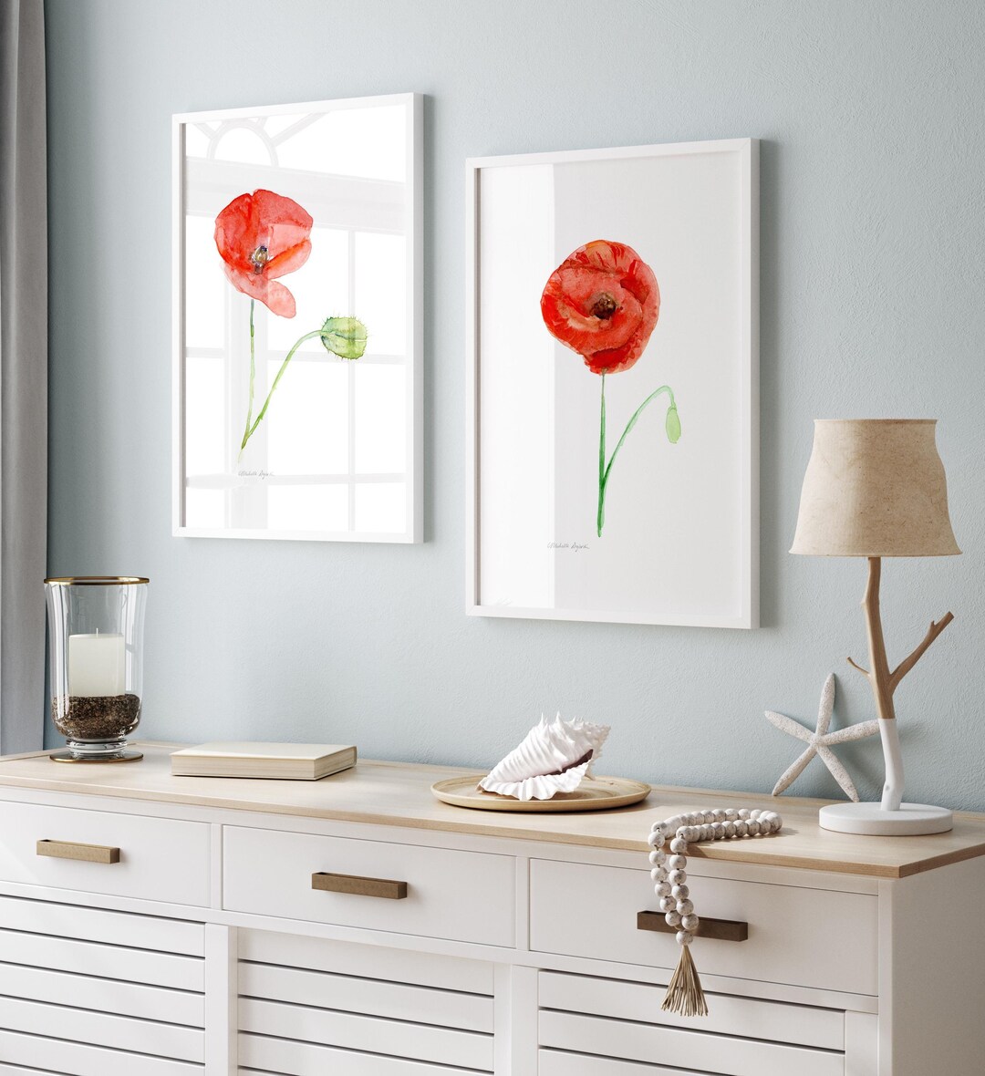 Red Poppy Watercolor Painting Art Prints, Floral Wall Decor (set of 2 ...