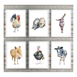 Farm animals watercolors 6 prints farm art rooster turkey cow pony horse donkey pigs art illustration farm decor animal art image 1