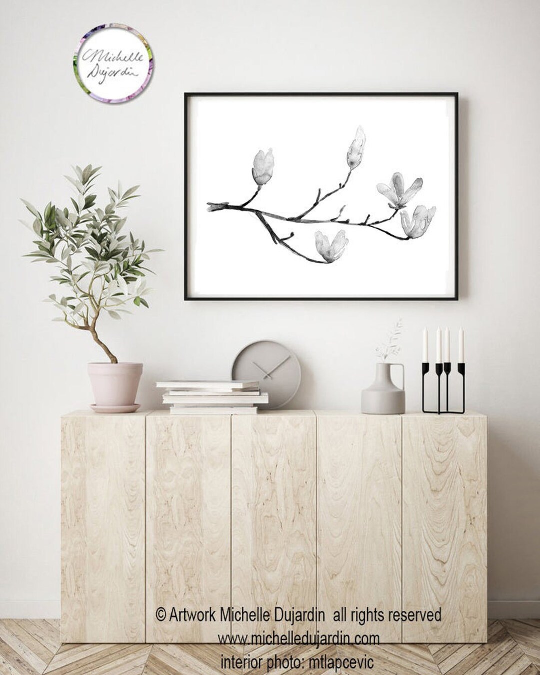 Zen Art Black and White Magnolia Art Zen Flower Watercolor Etsy