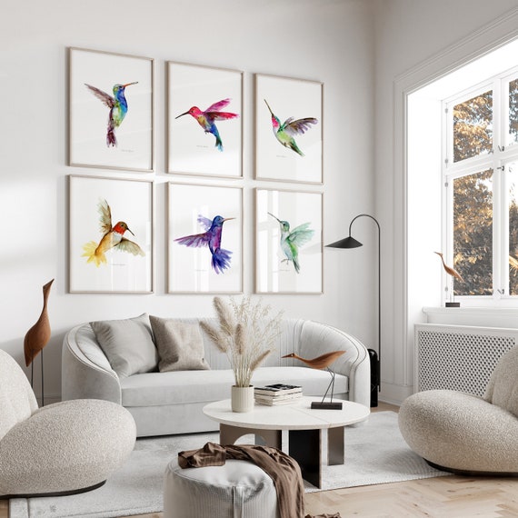 Colorful Hummingbird Wall Art Set of 6 – Vibrant Watercolor Bird Prints