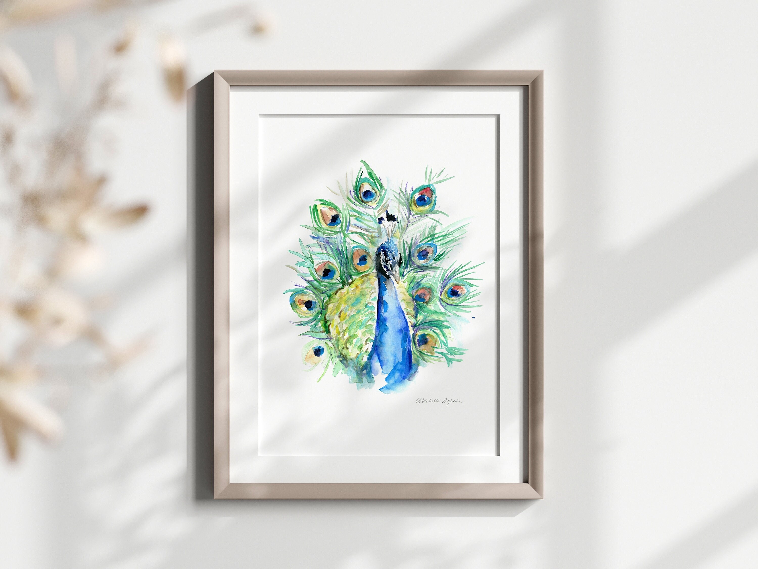 孔雀アート 孔雀 水彩画 美術印刷 孔雀のイラスト 青緑 室内装飾 孔雀