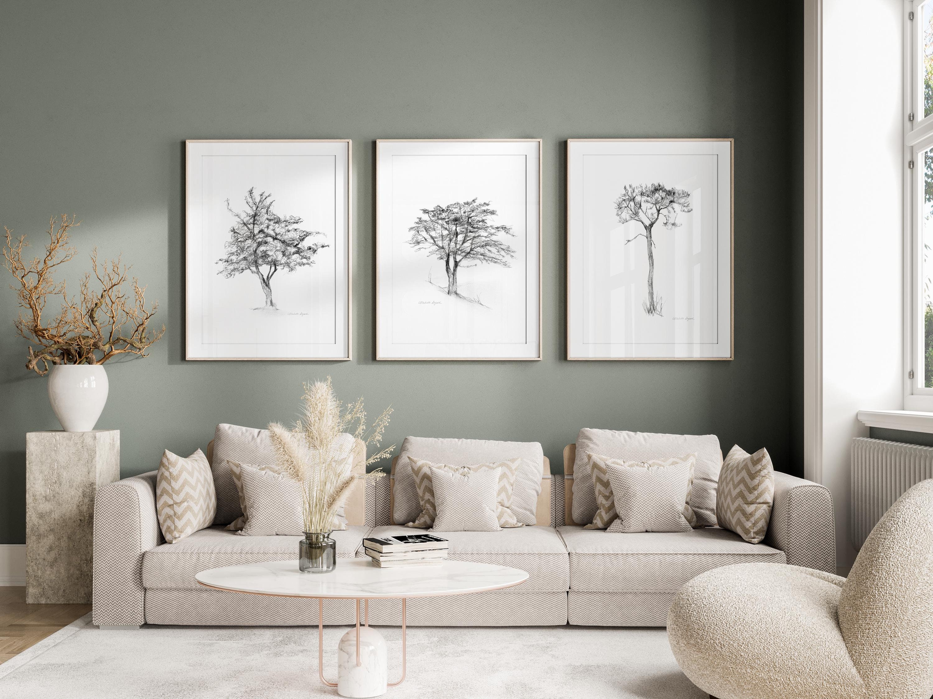 Tree wall art set of 3 Prints tree pencil drawings gray white black decor living room pine tree decoration minimalism sketch zen drawings