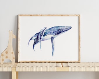 Humpback Whale Watercolor Art Print, Mother and Baby