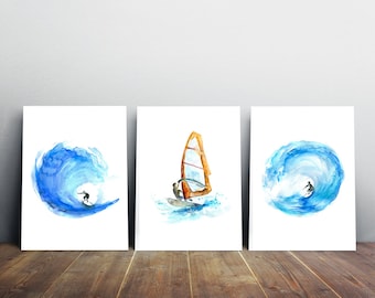 Surf watercolor painting - Giclee print Set of 3 - Surf art  - Wind Surfing illustration - Surf Art - illustration surfboard - sea