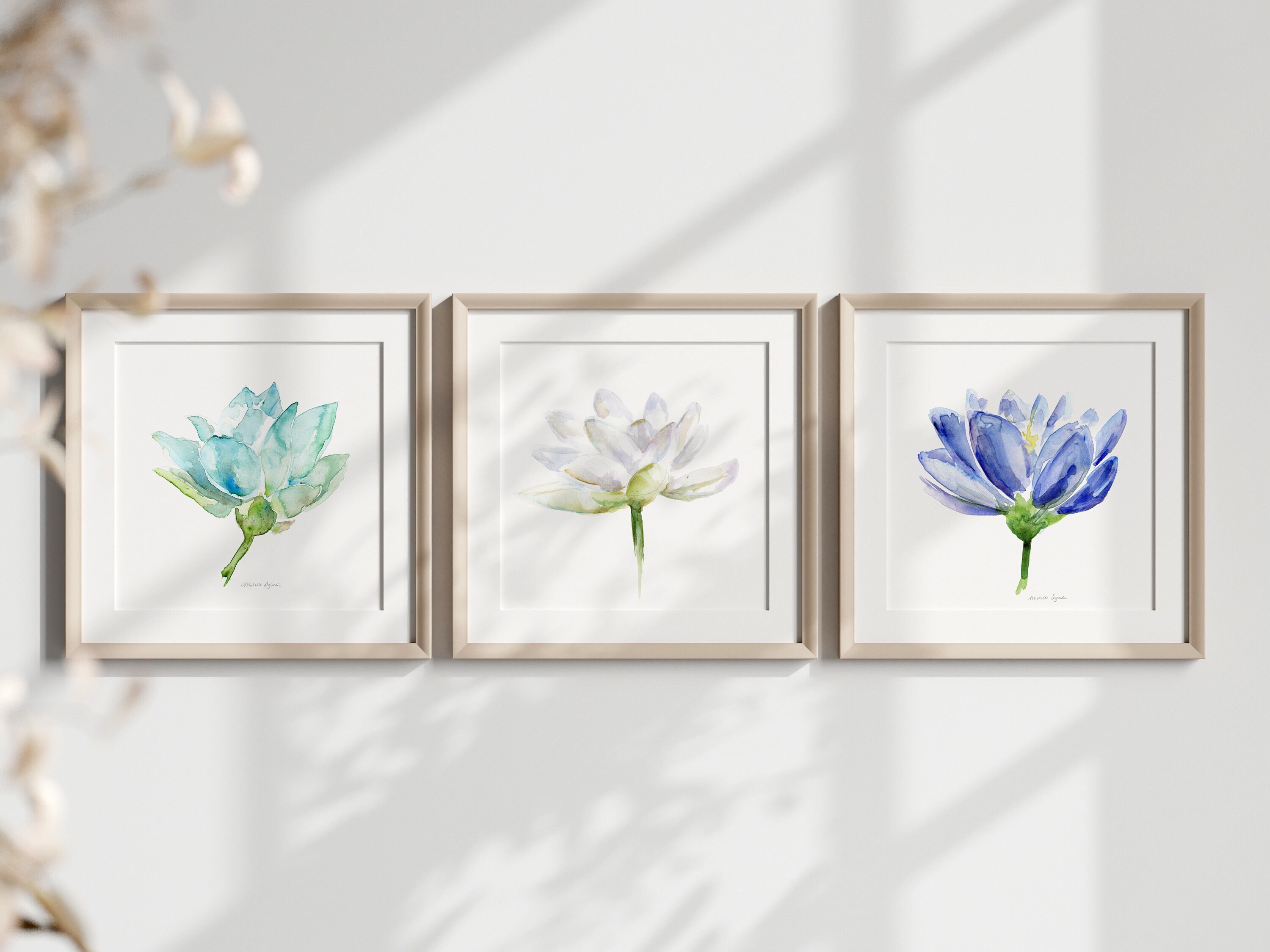Lotus Flower Watercolor Art Prints, Floral Set of 3 Teal Blue - Etsy