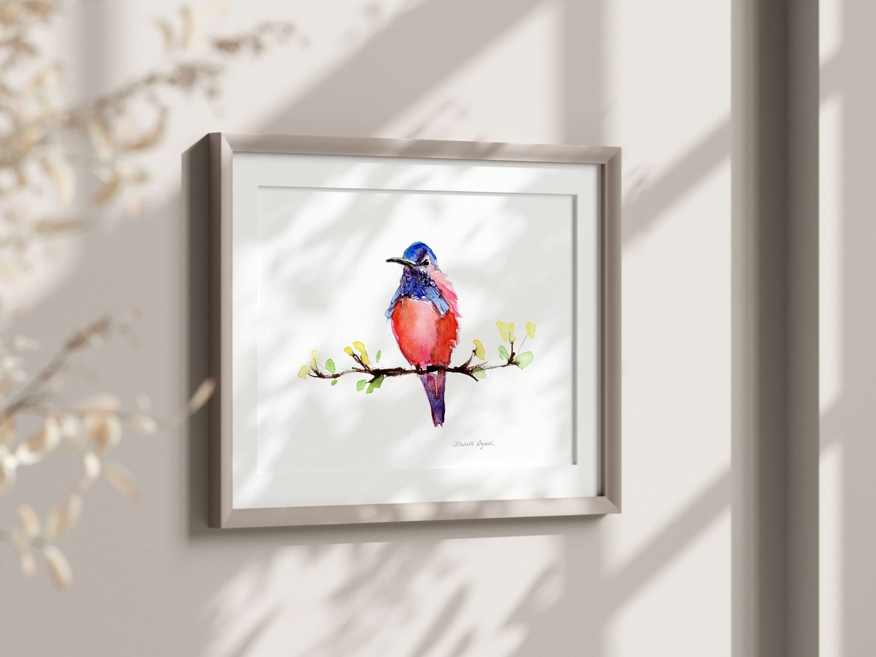 Red Blue Hummingbird Art Print Hummingbird Watercolor Painting Minimalistic art hummingbird decoration sitting bird branch red pink bird art