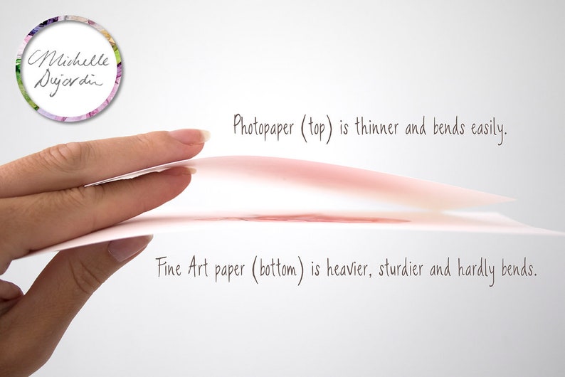 Op de afbeelding: Een hand houdt twee vellen papier vast, een bovenop de ander. Het bovenste vel is fotopapier, dat dunner is en gemakkelijk buigt. Het onderste vel is fine art papier, dat zwaarder, steviger is en nauwelijks buigt. De tekst "Photopaper (top) is thinner and bends easily." en "Fine Art paper (bottom) is heavier, sturdier and hardly bends." staat onder de vellen.
