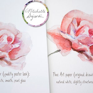 May include: Two watercolour paintings of a pink rose, one on photo paper with a pearl gloss finish and the other on fine art paper with a matte finish. The text below each painting describes the paper type and finish.