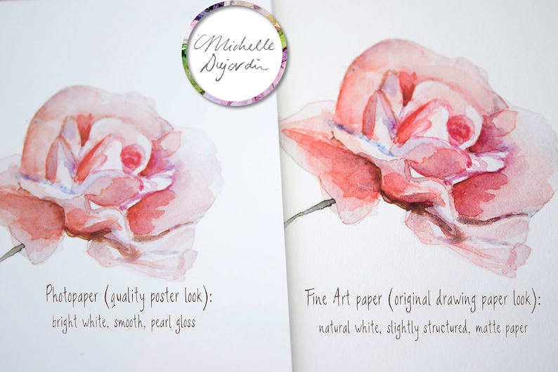 May include: Two watercolour paintings of a pink rose, one on photo paper with a pearl gloss finish and the other on fine art paper with a matte finish. The text below each painting describes the paper type and finish.