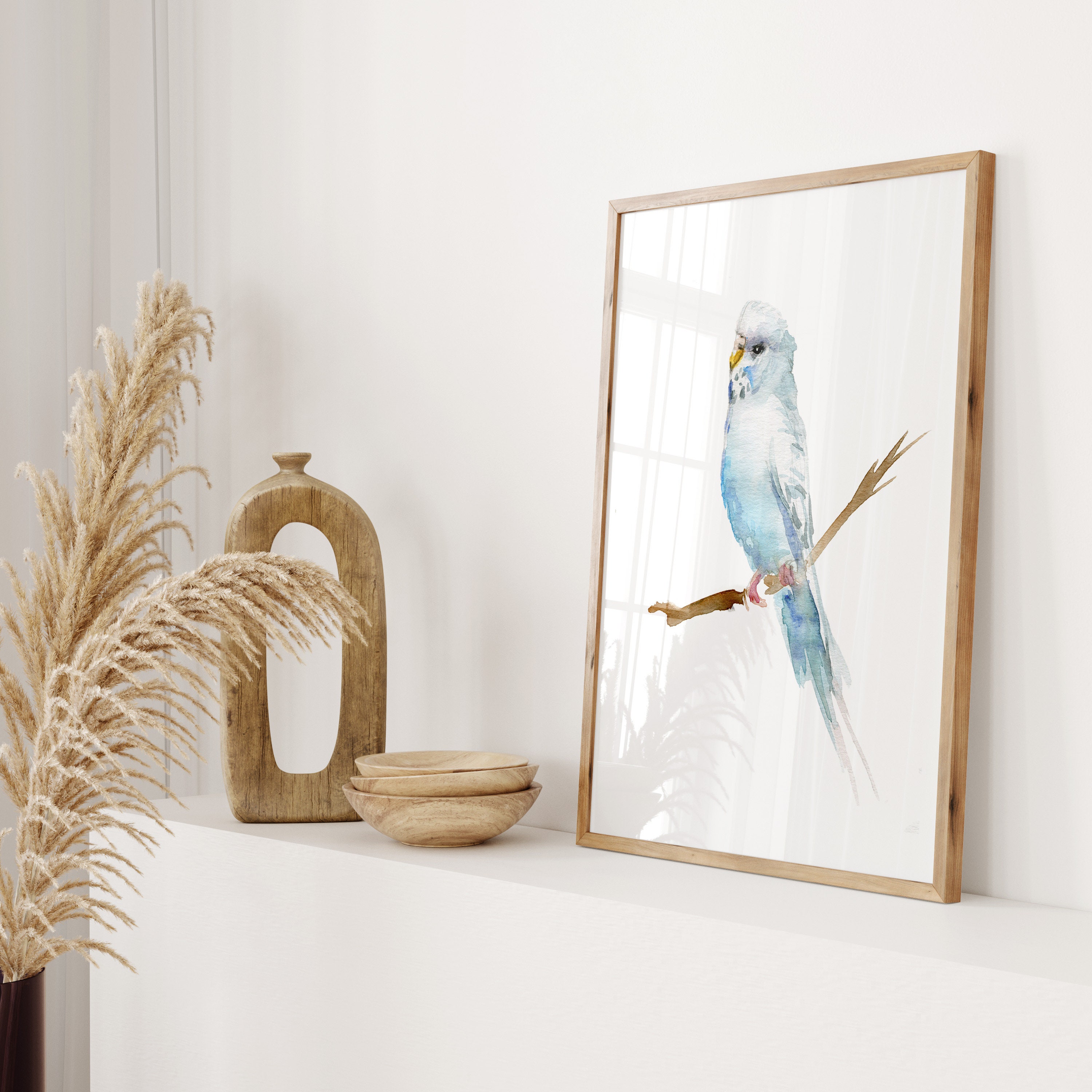 セキセイインコのアートプリント、水色のインコの水彩画 - Etsy 日本