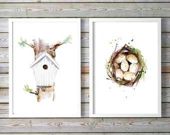 Vogelnest aquarel - Giclee print - vogelhuisje illustratie - broedende vogel schilderij - vogelhuisje waterverf voorjaar lente poster