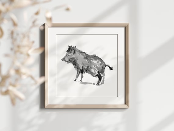 十二支の猪のアートプリント、黒インク墨絵 - Etsy 日本