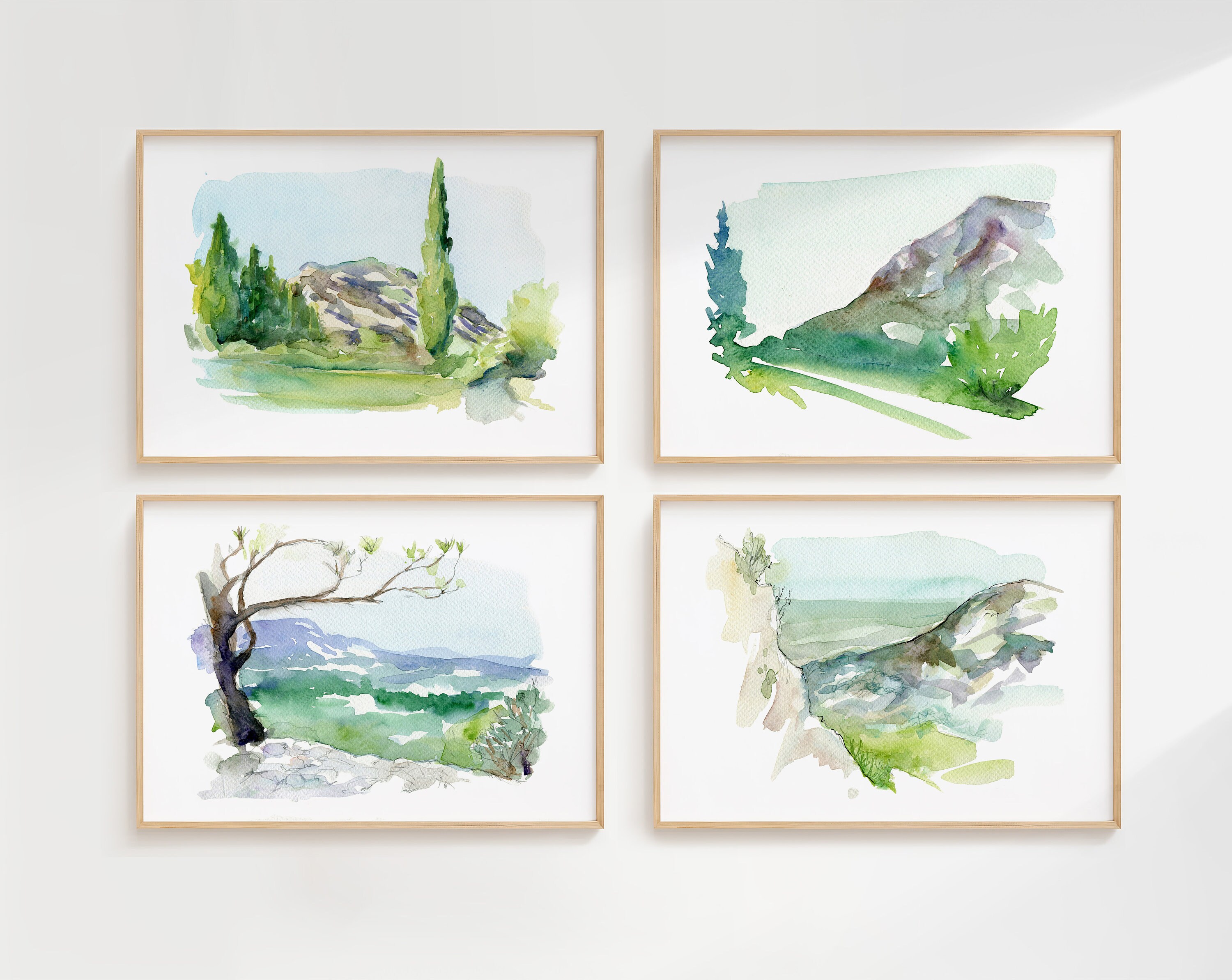 フランス・プロヴァンスの風景画、水彩画の山々のアートプリント4枚