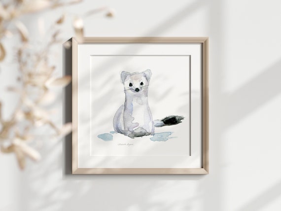 アーミンの水彩画アートプリント、冬の動物保育園アート - Etsy 日本