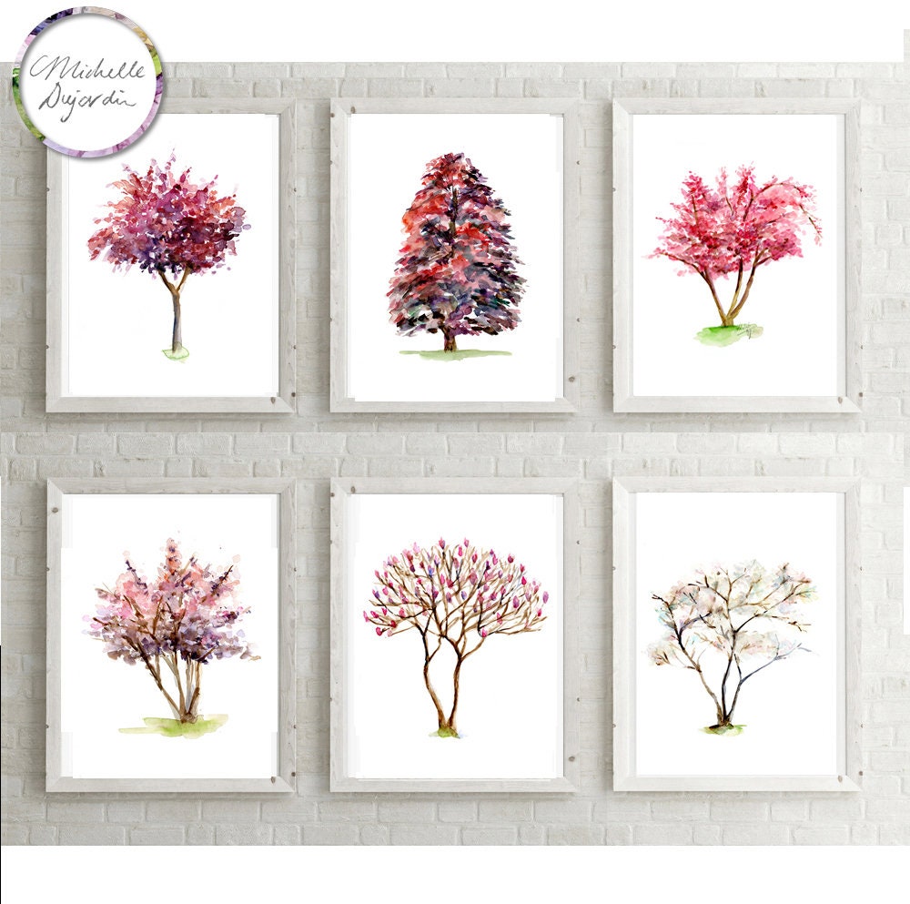 Tree Wall Art Prints Set of 6 Trees Pink Decor Magnolia Etsy
