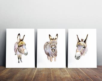 Donkey Art - set of 3 Watercolor Prints - Donkey Wall Decor - Donkey illustration donkey painting - Animal painting laughing donkey