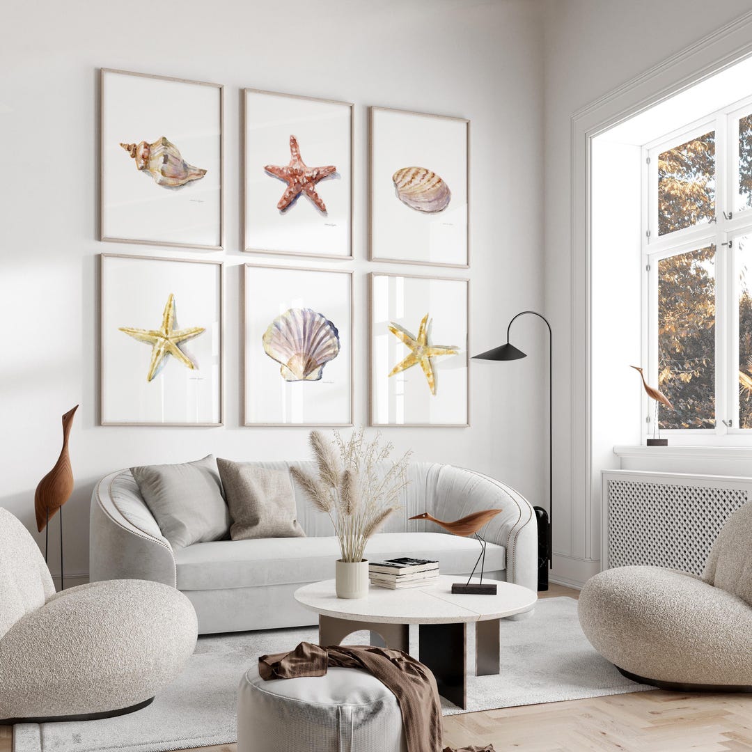 Neutral Coastal Wall Art Set of 6 – Seashell & Starfish Prints - Etsy
