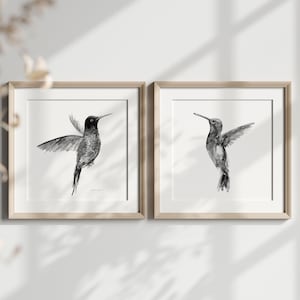 Black and white Hummingbird art Set of 2 flying hummingbirds watercolor prints grey art flying bird prints black and white decor art