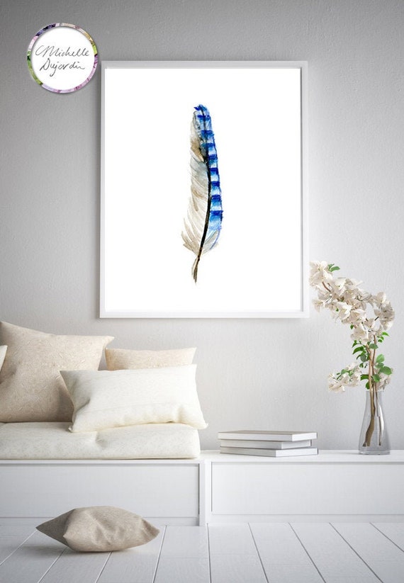 Jay Feather Art Blue Jay Feather Striped Blue Feather Wall Etsy