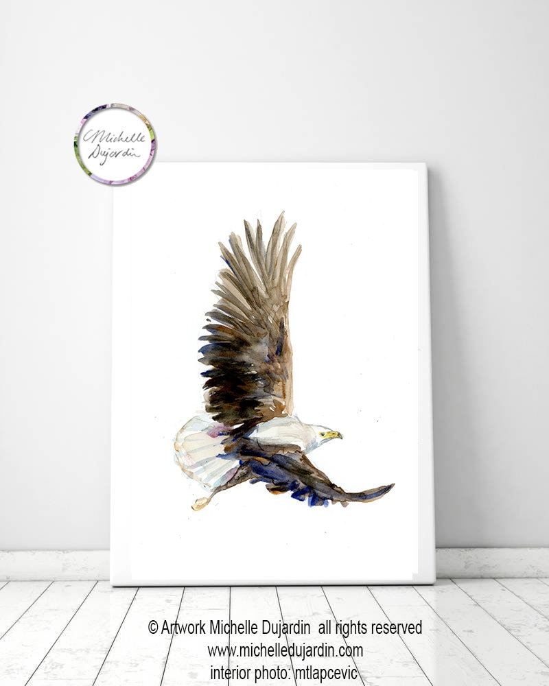 鷲の壁アート 飛ぶ白頭鷲の水彩画 猛禽類のプリント 茶色の鷲の絵画