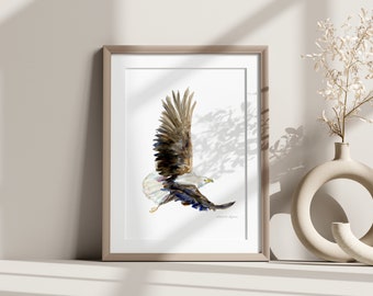 Eagle wall Art flying bald eagle watercolor painting bird of prey prints  brown eagle painting American eagle cabin lodge decoration bird