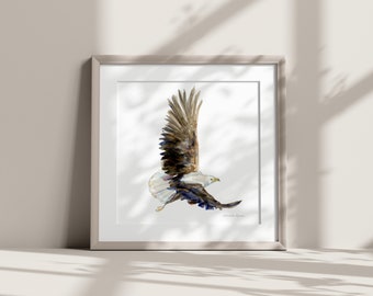 鷲の壁アート 飛ぶ白頭鷲の水彩画 猛禽類のプリント 茶色の鷲の絵画