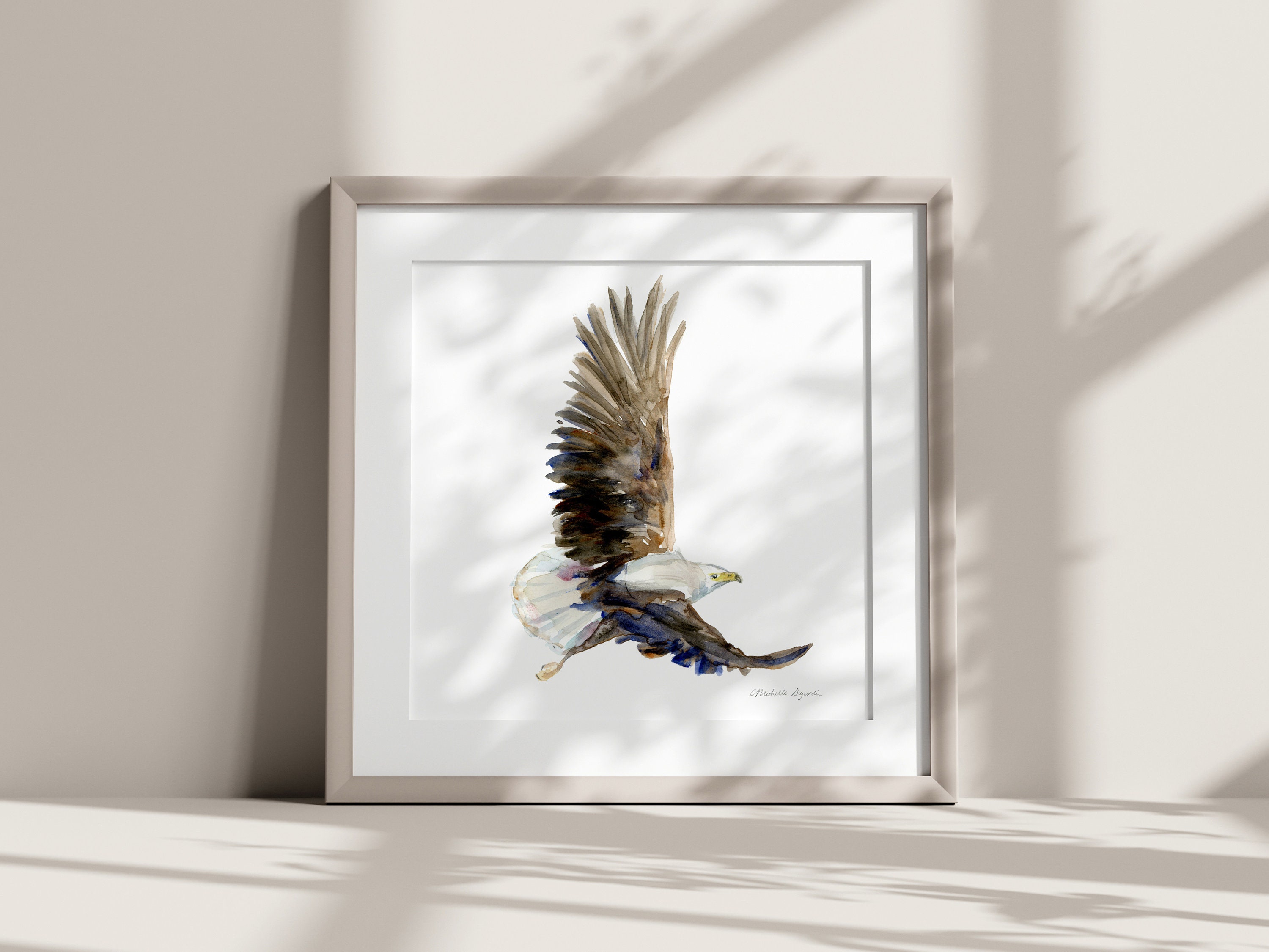 鷲の壁アート 飛ぶ白頭鷲の水彩画 猛禽類のプリント 茶色の鷲の絵画