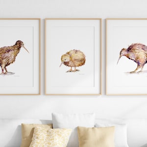 Juego de 3 impresiones artísticas de kiwi, arte de pared de la familia de pájaros kiwi, decoración de habitación infantil de Nueva Zelanda, pinturas de acuarela de kiwi, decoración de animales para bebés, regalo de kiwi