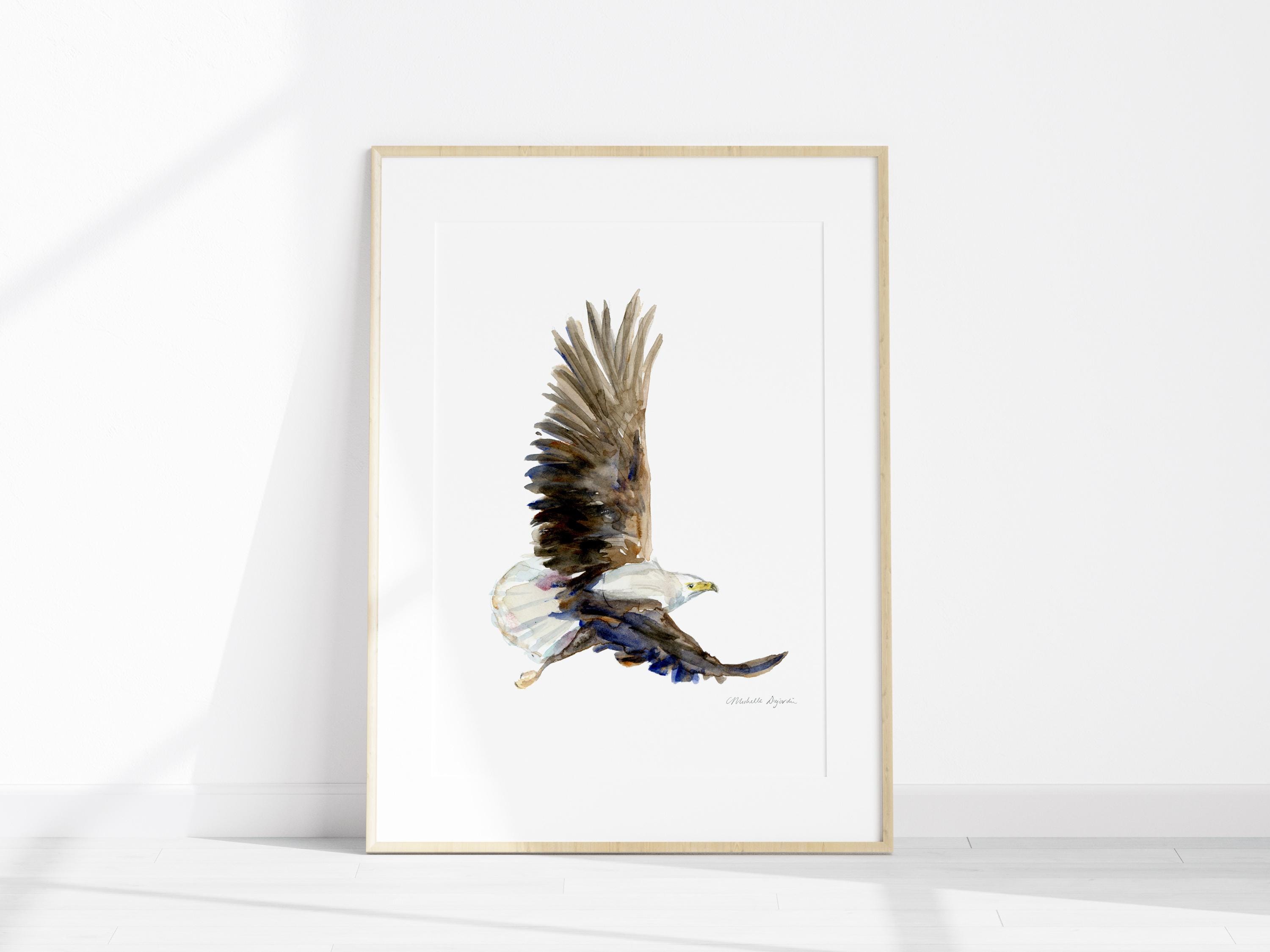 白頭ワシの水彩画アートプリント、猛禽類の飛翔 - Etsy 日本