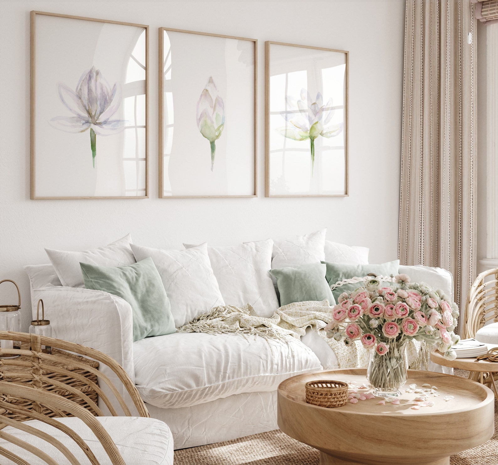 White Lotus Watercolor Art Print Set, Pastel Flower Paintings - Etsy