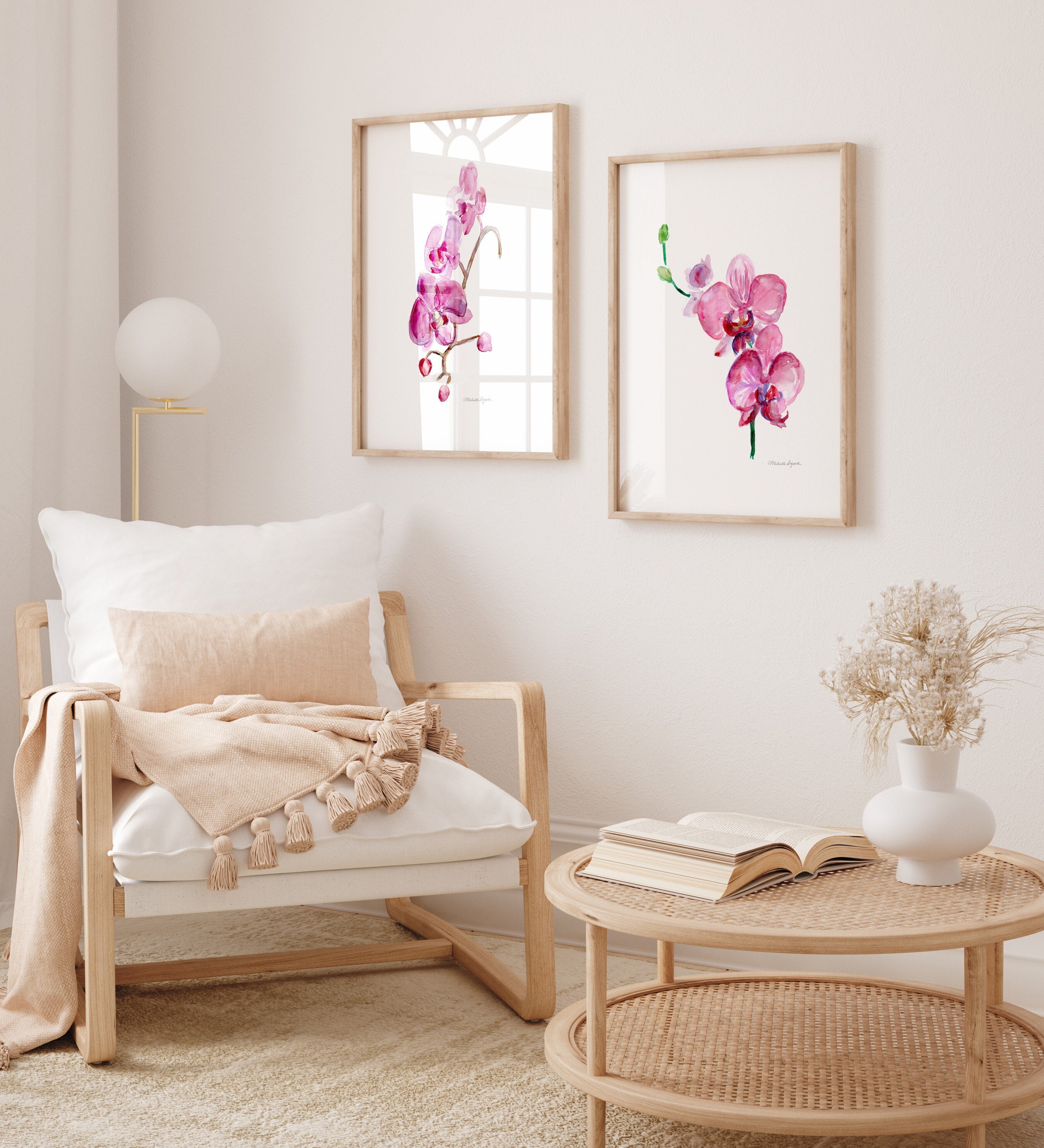 Dark pink Orchid Art Prints Orchids Watercolor Painting set of 2 Prints Fuchsia Pink wall art Orchid decoration Boho interior home decor