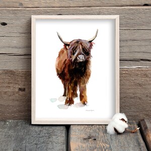 Op de afbeelding: Waterverf schilderij van een bruine Highland koe met lang, ruig haar. De koe staat op een witte achtergrond en kijkt recht naar de kijker.