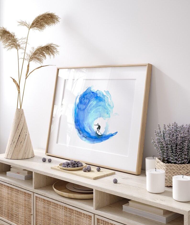 Surf Art surf watercolor painting surfing wall print ocean decoration wave art coastal style beach house decor blue wall decor for surfer image 4