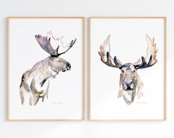Eland portret, set van 2 prints, eland schilderij, aquarel schilderijen, elanden kunst, bosdieren, canvas prints, inkt schilderij, zen stijl