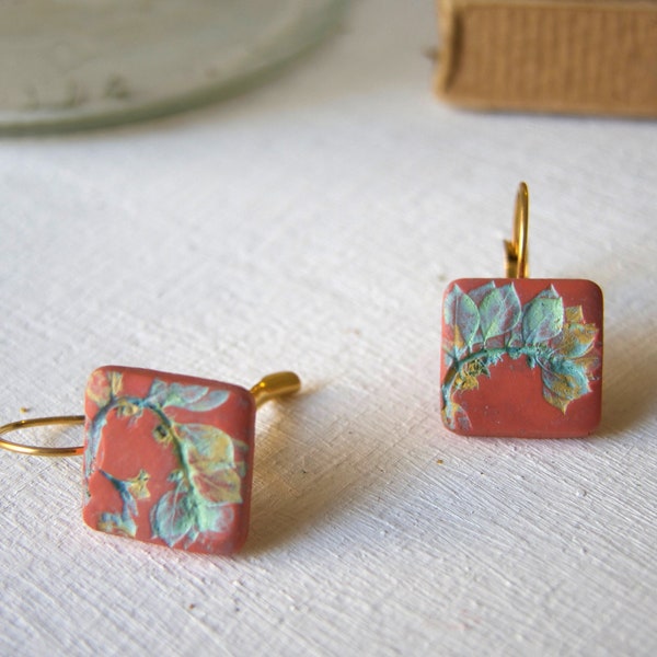 Leaf Art Nouveau earrings, Aqua Yellow Gold Terracotta Tile hand painted earrings, Lever back French Earrings, Art Nouveau Leaf Jewelry