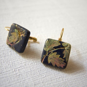 Leaves square drop lever back earrings, Mismatched Leaf Art Nouveau earrings, Hand painted square earring, Dark blue elegant earring for her image 2