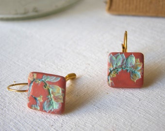 Leaf Art Nouveau earrings, Aqua Yellow Gold Terracotta Tile hand painted earrings, Lever back French Earrings, Art Nouveau Leaf Jewelry