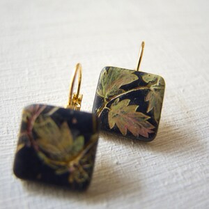 Leaves square drop lever back earrings, Mismatched Leaf Art Nouveau earrings, Hand painted square earring, Dark blue elegant earring for her image 3