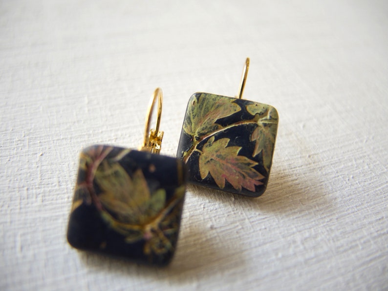 Leaves square drop lever back earrings, Mismatched Leaf Art Nouveau earrings, Hand painted square earring, Dark blue elegant earring for her image 3