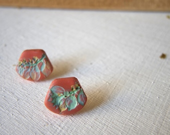 Art Nouveau small Fan Earrings, Terracotta colour clay hand painted aqua mustard yellow gold Foliage earrings, Vintage Style Leaves earrings