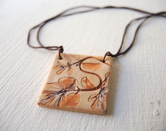 Leaf Peach-colored Pendant, Brown cord violet Square Choker Pendant, Fashion Fall Terracotta Brown color Leaves adjustable statement choker