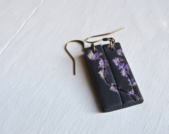 Green and Purple Earrings, Botanical Art Jewelry, Real Leaf Earrings, Green Leaf Earrings, Fashion Earrings, Leaf Jewelry, Nature Jewelry