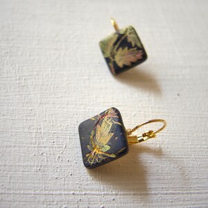 Leaves square drop lever back earrings, Mismatched Leaf Art Nouveau earrings, Hand painted square earring, Dark blue elegant earring for her image 7