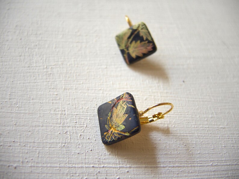 Leaves square drop lever back earrings, Mismatched Leaf Art Nouveau earrings, Hand painted square earring, Dark blue elegant earring for her image 7