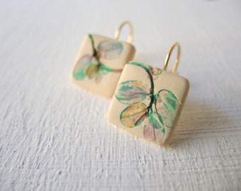 Delicate Japanese art inspired Leaf drop earrings, Square drop Lever back earrings, Green yellow leaves botanical drop earrings, Nature gift