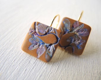 Blueberry Milk flower earrings, Hand painted floral design drop earrings, Square lever back earrings, Blue purple flowers drop earrings