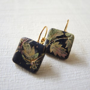 Leaves square drop lever back earrings, Mismatched Leaf Art Nouveau earrings, Hand painted square earring, Dark blue elegant earring for her image 1
