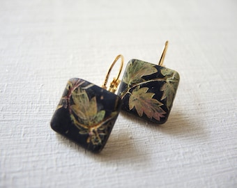 Leaves square drop lever back earrings, Mismatched Leaf Art Nouveau earrings, Hand painted square earring, Dark blue elegant earring for her