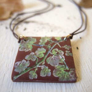 Japanese Art Green Leaves statement choker, Hand painted square pendant, Brown cord pendant choker Japan lover, Wearable art Green choker image 8