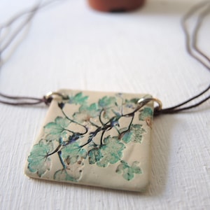 Japanese Art Green Leaves statement choker, Hand painted square pendant, Brown cord pendant choker Japan lover, Wearable art Green choker image 1